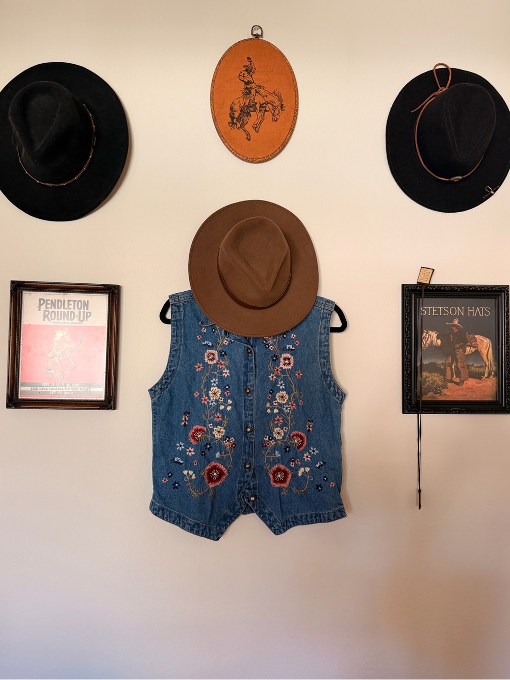 Studio West Vintage Blue Embroidered Denim Vest with Floral Detail